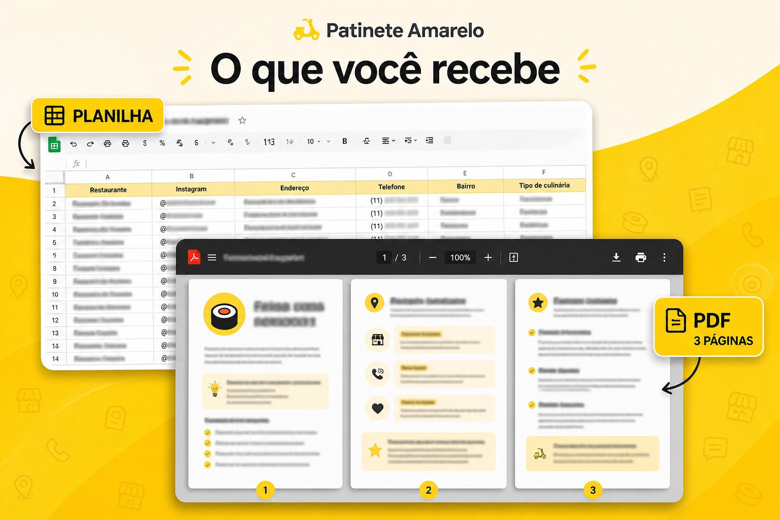 O que você recebe: planilha com restaurante, Instagram, endereço, telefone, bairro e tipo de culinária, mais PDF de 3 páginas